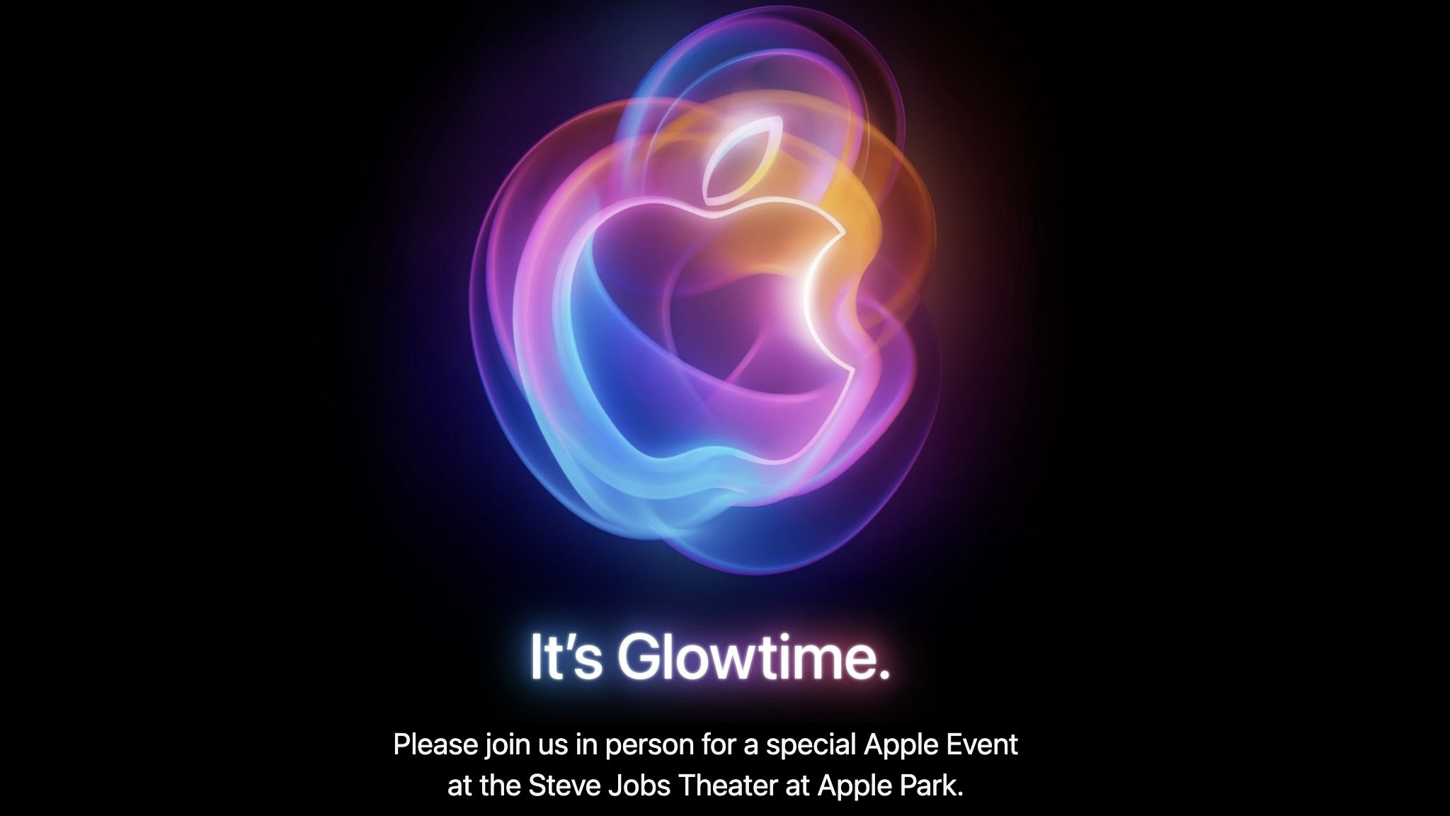 Apple invite showing an Apple logo with multiple colored outlines, with the 'It's Glowtime' tagline.