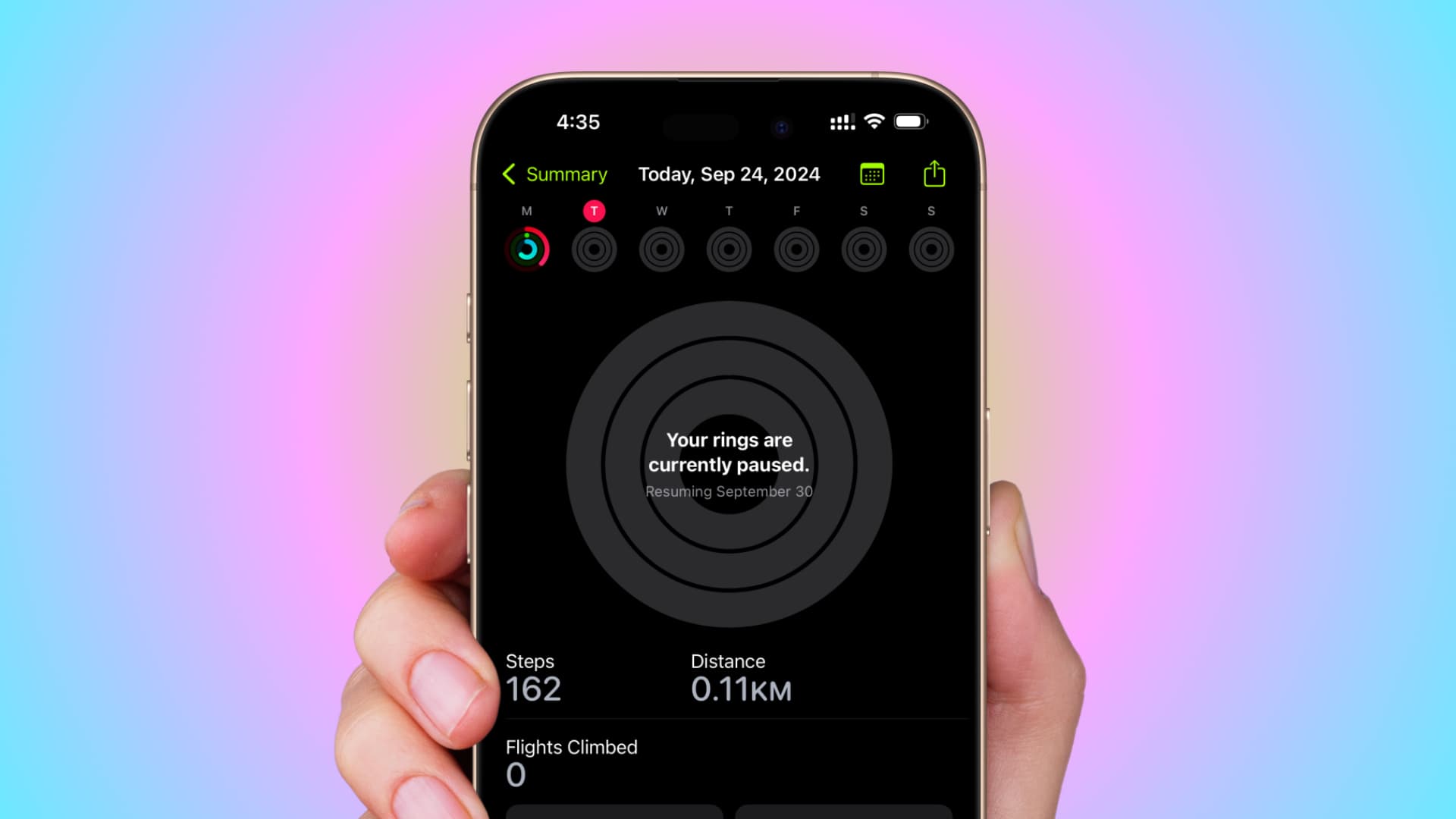 Your rings are currently paused message in Fitness app